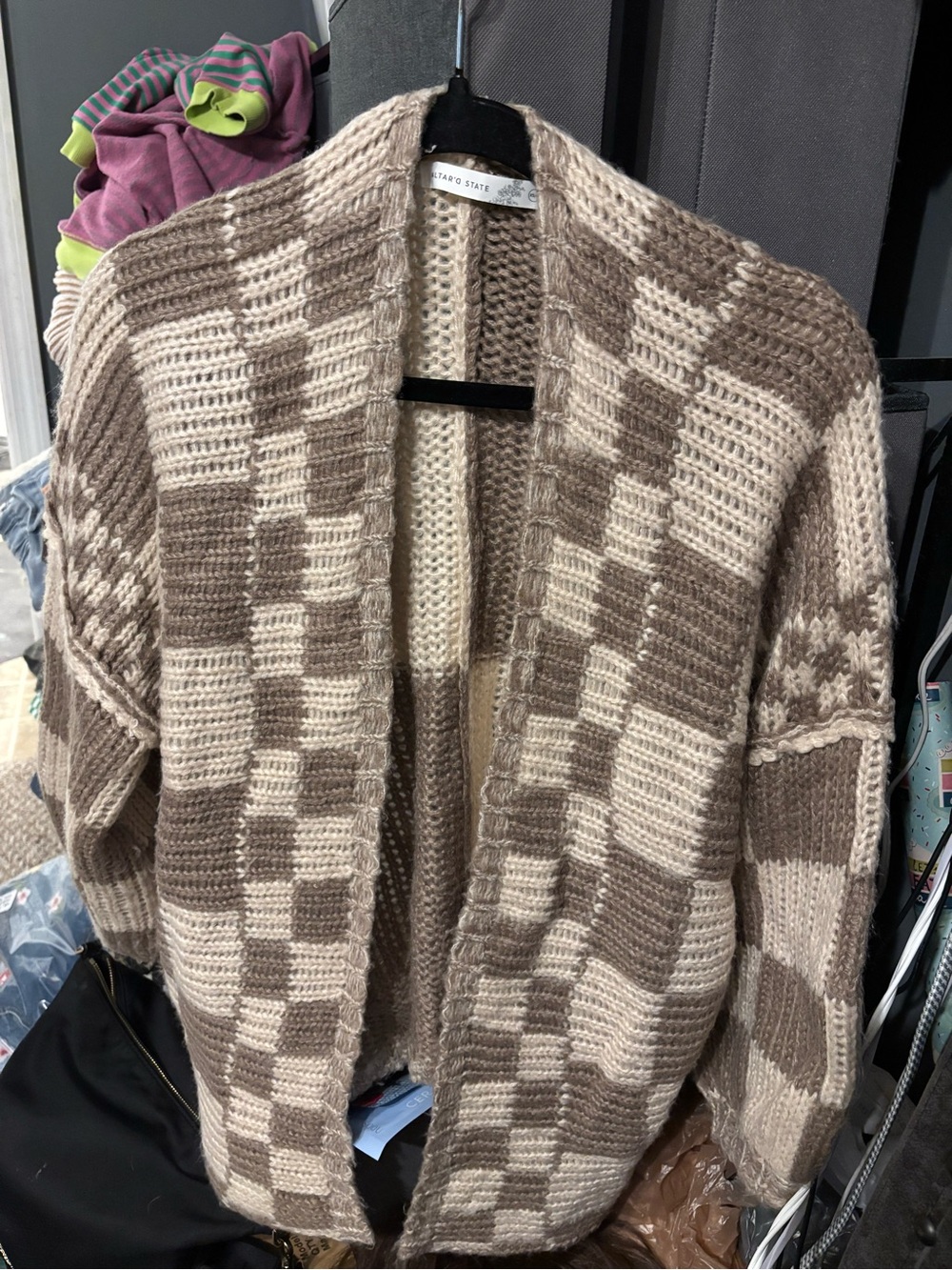 Altar'd State Taupe & Cream Checkered Open-Front Cardigan